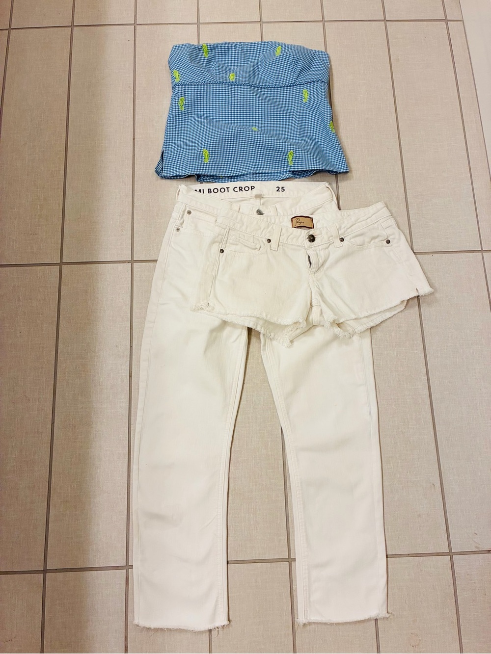 J. Crew set of 3 - Strapless Gingham Too, White Jeans, Paige Shorts